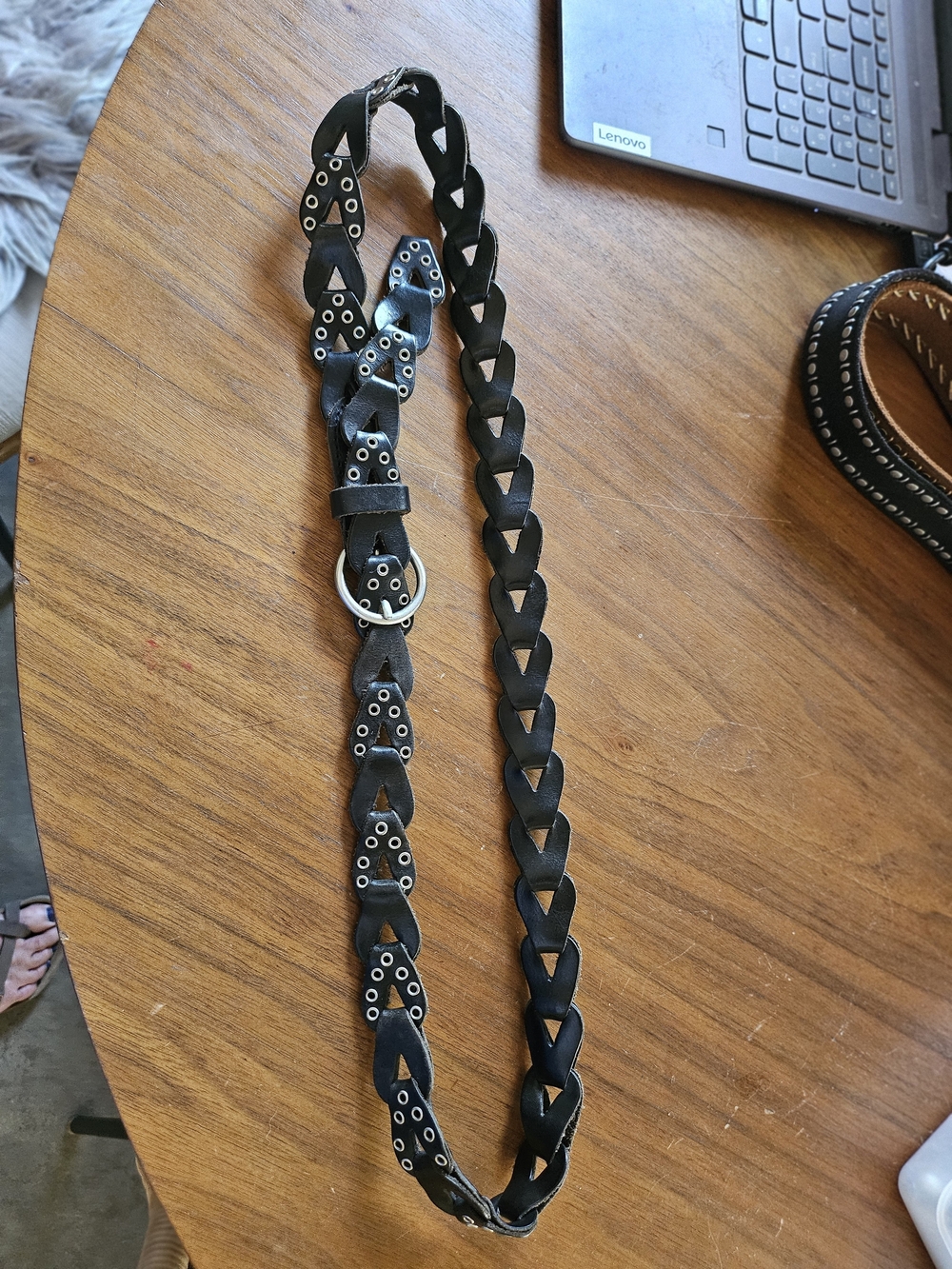 Oranda Cove Braided Loop Black Thin Leather Belt With Silver Rivets M/L